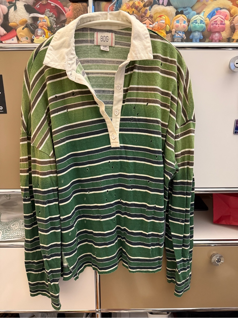 BDG Olive and White Striped Rugby-Style Long Sleeve Polo